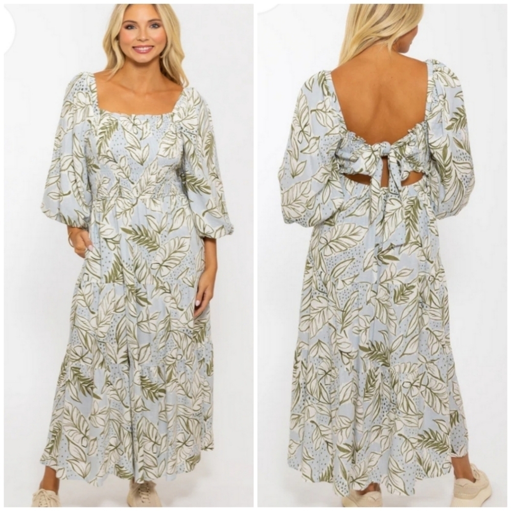 Karlie Clothes Palm Print Linen Blend Knot Back Maxi Dress Large Lined Smocked